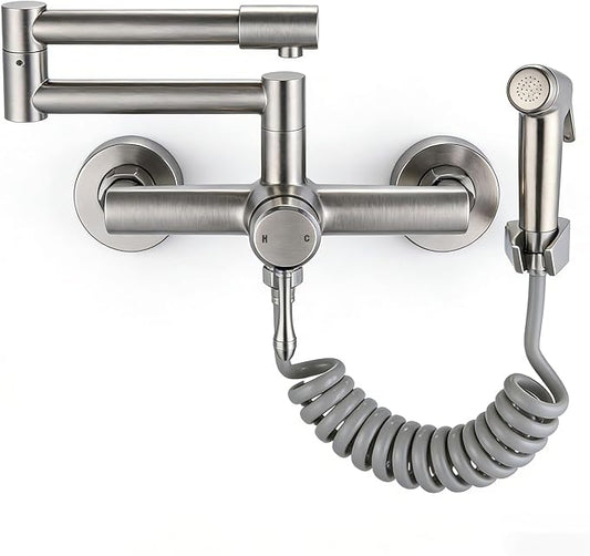 Kitchen Faucet Wall Mount, with Side Sprayer 8 Inch Center, Folding Design for Commercial Use, Stainless Steel Bar Taps