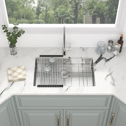 Kichae 27 Inch Undermount Kitchen Sink 27” x18” x5” Kitchen Sink Stainless Steel 16 Gauge Shallow Kitchen Sink Round Corner Handmade Basin