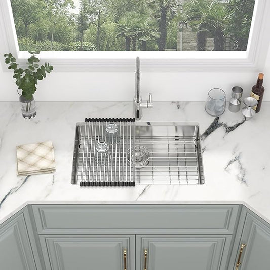 Kichae 27 Inch Undermount Kitchen Sink 27” x18” x5” Kitchen Sink Stainless Steel 16 Gauge Shallow Kitchen Sink Round Corner Handmade Basin