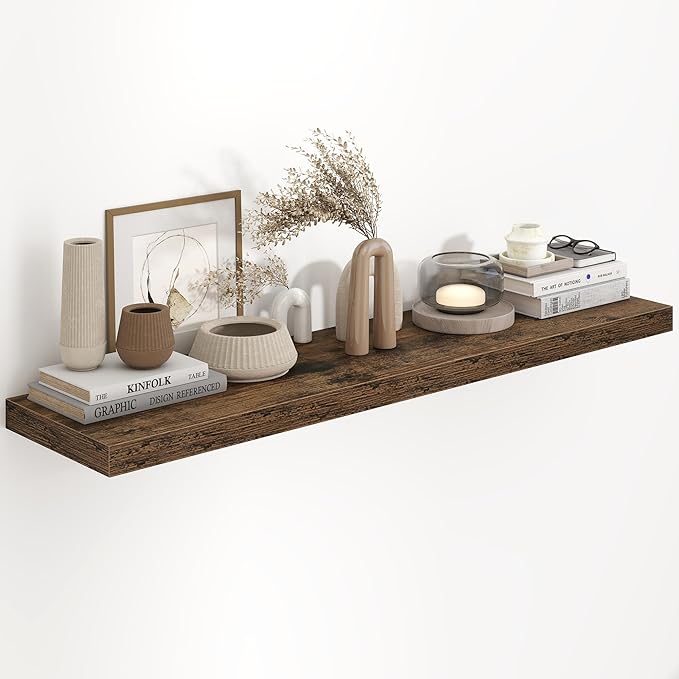 Fun Memories 48 Inch Floating Shelves, 9.3 Inch Deep Wall Shelves for Bathroom, Living Room, Bedroom, Kitchen, Deep Long Shelf Wall Mounted 1 Pack Shelf for Books, Decor, Rustic Brown