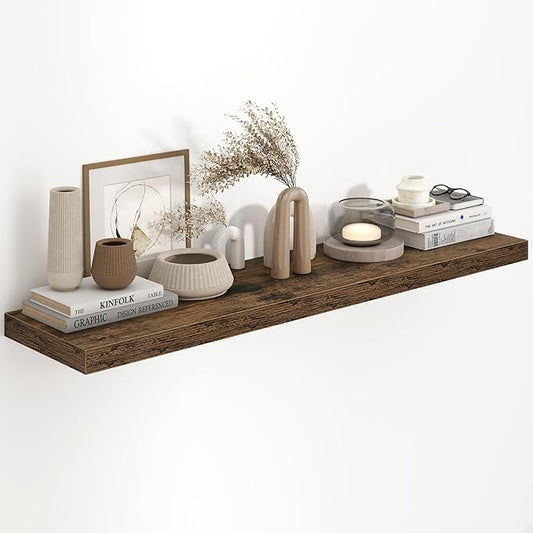 Fun Memories 48 Inch Floating Shelves, 9.3 Inch Deep Wall Shelves for Bathroom, Living Room, Bedroom, Kitchen, Deep Long Shelf Wall Mounted 1 Pack Shelf for Books, Decor, Rustic Brown