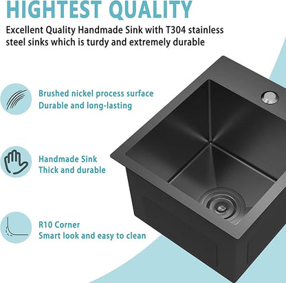 13x15x9 Inch Black Bar Sink Drop In - 18 Gauge Stainless Steel Small Kitchen Sink for RV, Wet Bar, Food Truck & Tiny Home, Nano PVD Gunmetal Matte Black Single Bowl with Strainer