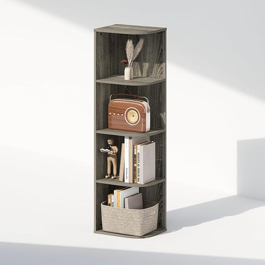Furinno Reed Corner Shelf, 4-Tier Corner Bookshelf, Book Shelf, Corner Shelves, Storage Rack, for Organization and Storage, Home Office, Living Room, French Oak