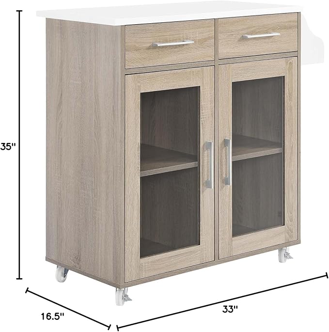 Modway Cuisine Rolling Kitchen Cart with Storage in Oak White - Portable Island for Kitchen with Spice Rack, Perfect as a Coffee Bar Cabinet, Butcher Block Island or Kitchen Island on Wheels