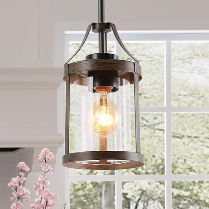 LNC Farmhouse Mini Faux Wood Pendant Lighting with Clear Cylinder Glass Shade for Kitchen Island, Bedroom, Foyer and Entryway , Brown