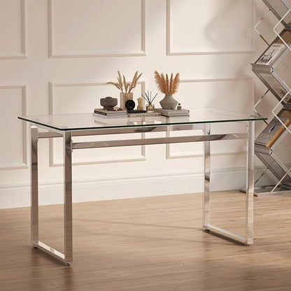 Goujxcy Glass Dining Table Modern 51'' Rectangle Kitchen Table for 4 with Tempered Glass Tabletop and Metal Legs for Kitchen, Dining Room, Restaurants (Silver)