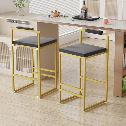 Set of 2 Stools with Backrest & Footrest Counter Height Velvet Upholstered Dining Chairs for Kitchen Island (Gold & Gray)