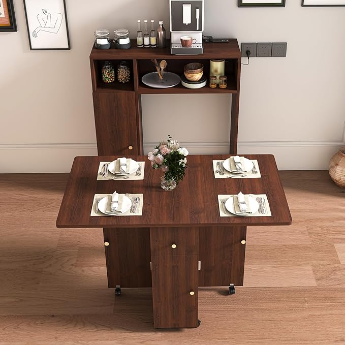 Multifunctional Folding Dining Table, Extendable Drop Leaf Table with Storage & Charging Station, Space Saving Collapsible Drop Leaf Extension Desk, Extendable Dining Table (37.4" Brown)