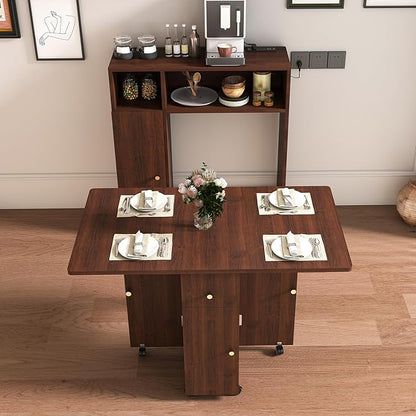 Multifunctional Folding Dining Table, Extendable Drop Leaf Table with Storage & Charging Station, Space Saving Collapsible Drop Leaf Extension Desk, Extendable Dining Table (37.4" Brown)