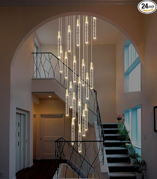 HAIXIANG 13FT High Ceiling Chandelier for Entryway Modern Crystal LED Light Glam Chandeliers for Living Room Foyer Sloping Ceiling Pendant Lighting Fixture 24-Lights Gold