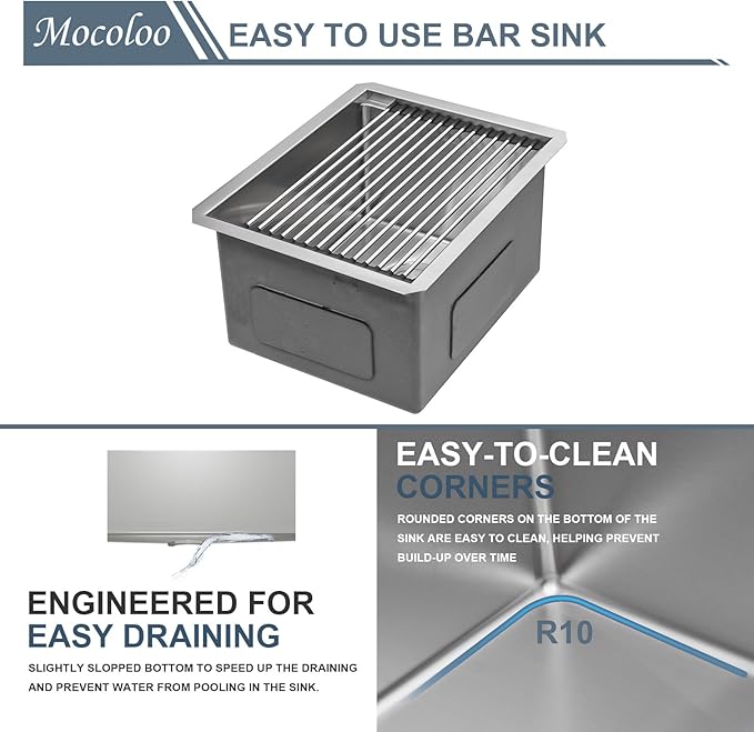 Mocoloo Undermount Bar Sink 15 x 19 Inch Single Bowl Undermount Kitchen Sink 16 Gauge Stainless Steel Bar Prep Workstation 10" Deep Handmade Sinks