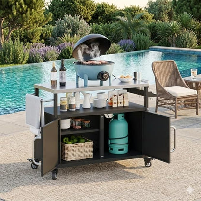 Casaphoria 54.5" Outdoor Kitchen Island, Stainless Steel Countertop BBQ Grill Cart Bar Cart with Storage Cabinet, Spice Rack, Towel Holder, 4 Lockable Wheels Bar Carts for Patio Lawn Garden BBQ