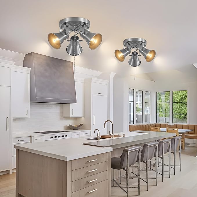 SEEBLEN 3-Light Ceiling Lights with Pull Chain, Adjustable Round Kitchen Ceiling Light, Morden Nickel Flush Mount Directional Track Light for Kitchen, Hallway, Dining Room, Bathroom, Coffee Bar