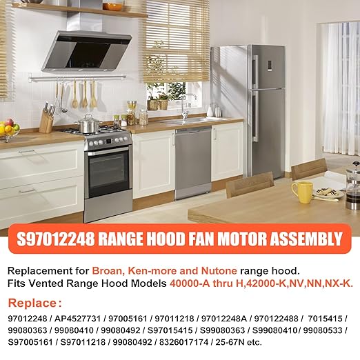 S97012248 97012248 Range Hood Fan Motor Compatible with B-roan Nu-Tone Stove Range Hood 97012248 BP17 Fan Motor Replaces ER97012248 AP4527731 97012248 99080492,1172615, 97005161, 97011218, 97015415