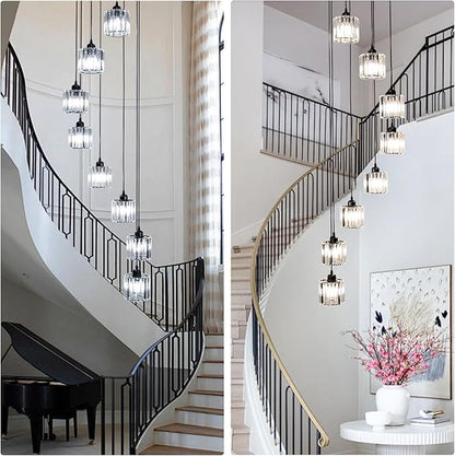 High Ceiling Long Pendant Light Fixtures Modern Crystal Hanging Chandeliers Flush Mount Ceiling Light for Spiral Staircase Entryway Foyer, Black (8-Lights)