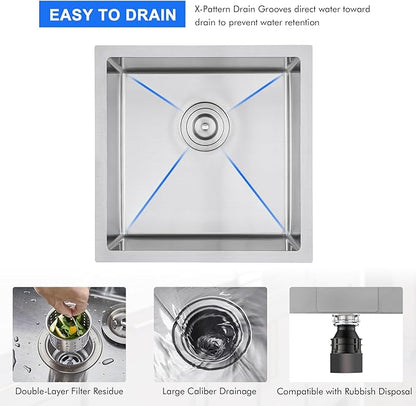 MENATT 18x18 Inch Undermount Kitchen Sink, 18 Gauge 304 Stainless Steel Single Bowl with Roll-up Drying Rack & Bottom Grid Mat, 9" Deep Compact Sink for Bar, Prep Station, Laundry Room