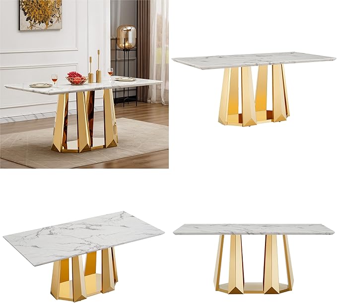 70" Marble Dining Table for 6-8, Modern Luxury Gold Rectangular Large Kitchen Table, Marble Grain MDF Tabletop & Stainless Steel Base, Dinner Furniture for Kitchen Dining Room, Meeting Room, White