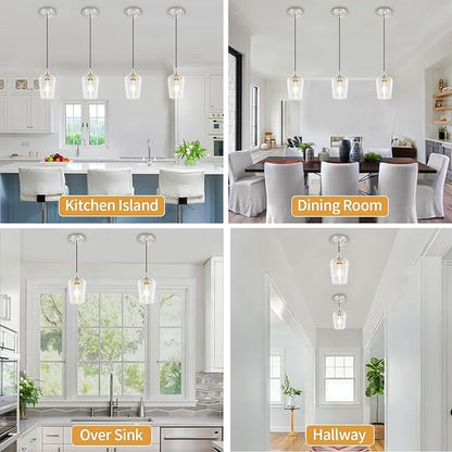 3 Pack Brushed Nickel Pendant Lights Kitchen Island, Modern Glass Pendant Lighting Over Island, Kitchen Hanging Light Fixtures Over Sink Adjustable Mini Pendant Lights for Bathroom Dining Room Hallway
