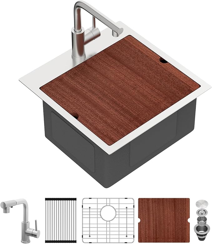 Sarlai Drop Bar Sink - 18 Inch Outdoor Kitchen Sink with Pull-out Faucet Drop In Workstation 18 x 18 Topmount Stainless Steel 16 Gauge Single Bowl Bar Prep RV Outdoor Sinks Basin