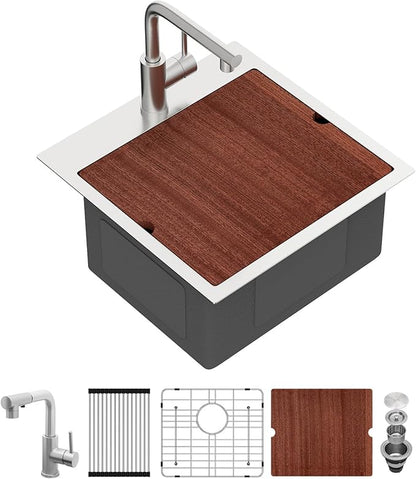 Sarlai Drop Bar Sink - 18 Inch Outdoor Kitchen Sink with Pull-out Faucet Drop In Workstation 18 x 18 Topmount Stainless Steel 16 Gauge Single Bowl Bar Prep RV Outdoor Sinks Basin