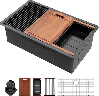 Sarlai 33 Matte Black Undermount Kitchen Sink Workstation - 33x19 Inch Kitchen Sinks with Ledge NANO-Tech Round Corner 16 Gauge Stainless Steel Single Bowl Sink Basin
