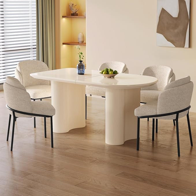 Guyii 55.11" Cream White Dining Table Set with 6 Chairs, Modern Kitchen Table, Indoor Use for Kitchen, Dining Room, Living Room, Small Spaces