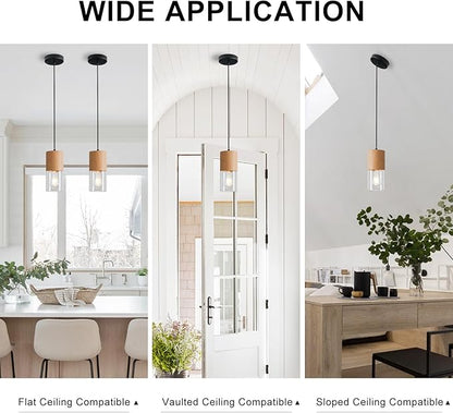 Modern Pendant Lights for Kitchen Island, Adjustable Pendant Light Fixtures with Raw Wood Grain, Industrial Clear Glass Pendant Lights for Dining Table Hallway Bedroom Living Room,1 Pack