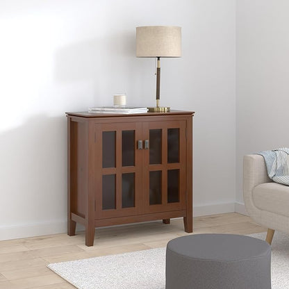 SIMPLIHOME Artisan Storage Cabinet - 30 inch Wide Solid Wood Low Storage Cabinet in Russet Brown, Contemporary Accent Cabinet for Living Room or Dining Room with Glass Doors and Adjustable Shelves