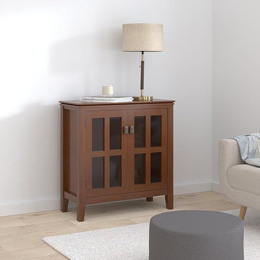 SIMPLIHOME Artisan Storage Cabinet - 30 inch Wide Solid Wood Low Storage Cabinet in Russet Brown, Contemporary Accent Cabinet for Living Room or Dining Room with Glass Doors and Adjustable Shelves