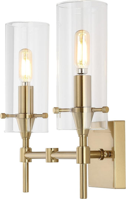 JONATHAN Y 13.5" Brass Gold/Clear Modern Farmhouse LED Vanity Light Sconce, Clear Glass Cylinder Shade, Wall Lamp for Bathroom Mirror Hallway Entryway, LED Bulb Included (JYL7806C)