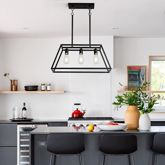 Black Kitchen Island Lighting, 3-Light Farmhouse Chandeliers, Modern Industrial Linear Rectangle Pendant Light Fixtures for Dining Room Kitchen Bar Foyer(Metal, E26 Base)