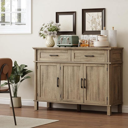 48 Inches Buffet Cabinet with Storage, Farmhouse Sideboard Buffet w/2 Drawers and 3 Doors, Wood Coffee Bar Cabinet with Adjustable Shelves, Sideboard Storage for Kitchen, Living Room, Washed Grey
