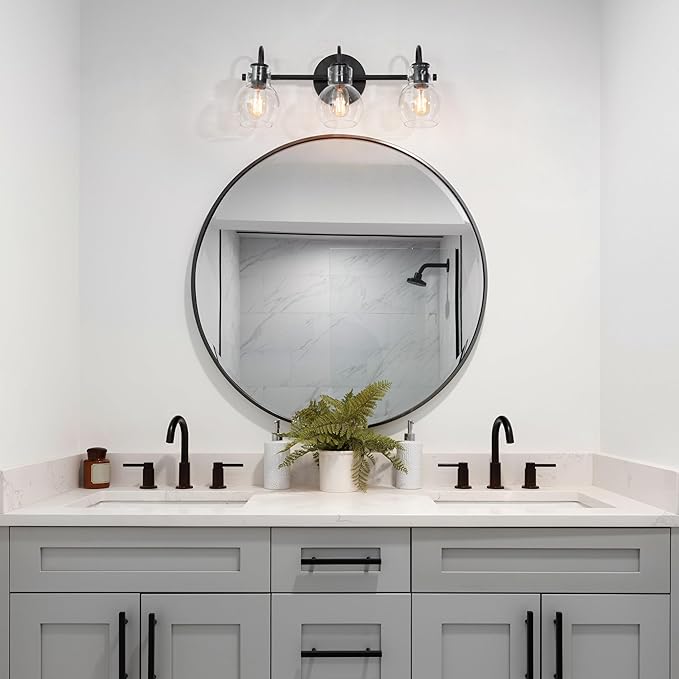 KSANA Black Bathroom Light Fixtures, 3-Light Modern Farmhouse Black Vanity Light with Clear Glass Shade Over Mirror for Hallway, Kitchen, Bedroom, and Living Room