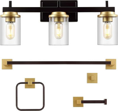 JONATHAN Y JYL1502B Liam 23.25" 3-Light Farmhouse Vanity Light with Bathroom Hardware Accessory Set, Oil Rubbed Bronze/Gold Painting (5-Piece) - Towel Bar & Ring, Toilet Paper Holder, Robe Hook