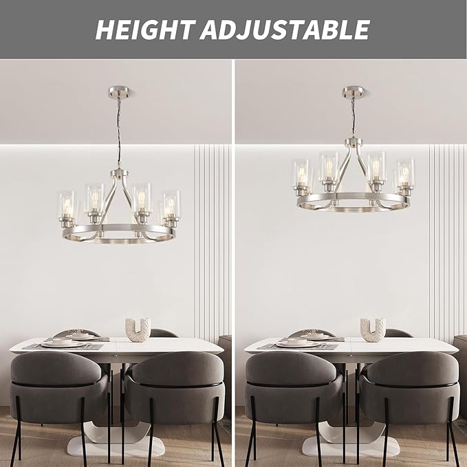 Lanhall 8-Light Modern Chandeliers for Dining Room Light Fixture Brushed Nickel Kitchen Chandelier Ceiling Hanging Pendant Lighting with Glass Shade for Living Room Entryway Adjustable Height E26