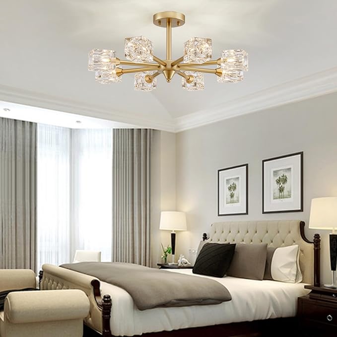 XINGQI Semi Flush Mount Ceiling Light Fixture Modern Sputnik Chandeliers 8 Lights Gold Chandelier, Fashion Lighting for Bedroom Dining Room Farmhouse Kitchen Office