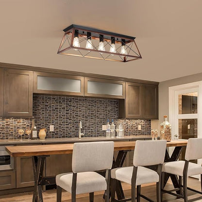 31.5" Flush Mount Ceiling Light, 5-Light Industrial Vintage Chandelier with Matte Black & Brushed Bronze Finish, Large Close to Ceiling Lighting for Dining Room, Kitchen Island, Living Room, Hallway