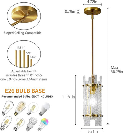 Modern Crystal Pendant Lighting Gold Pendant Lights Mini Glass Chandeliers, Adjustable Pendant Light Fixture for Kitchen Island Bedroom Living Room Dining Room Corridor(1Pack)