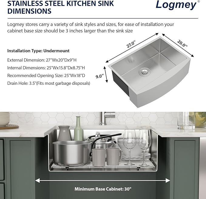 Logmey 27 Farmhouse Sink - 27x20 Inch Apron Front 16 Gauge Stainless Steel Sink Stainless Farm Sink Single Bowl Kitchen Sink