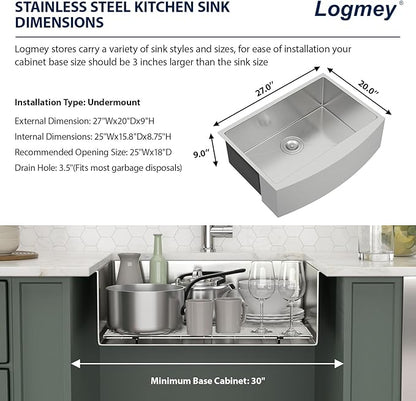 Logmey 27 Farmhouse Sink - 27x20 Inch Apron Front 16 Gauge Stainless Steel Sink Stainless Farm Sink Single Bowl Kitchen Sink