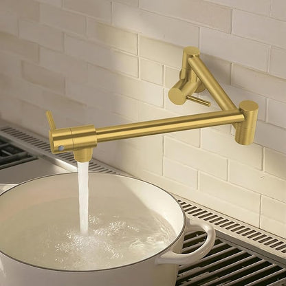KES Kitchen Gold Pot Filler Folding Faucet Brass Double Joint Swing Arm Sink Faucet Articulating Wall Mount Two Handle Brushed Gold, KN926LFF18-BZ