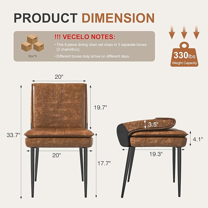 VECELO Upholstered PU Dining Chairs Set of 6, Kitchen Chairs with Padded Seat for Living Room, Dining Room, High Back and Steel Legs, Easy Assembly, Brown