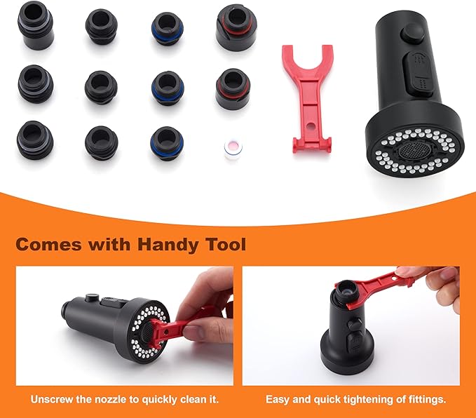 TIORIY Kitchen Faucet Head Replacement Black, with 15 Adapters Plastic Pull Down Faucet Spray Head, 3 Modes Pull Out Kitchen Sink Sprayer Nozzle, Matte Black