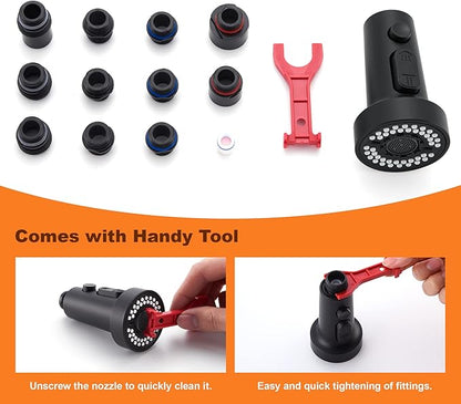 TIORIY Kitchen Faucet Head Replacement Black, with 15 Adapters Plastic Pull Down Faucet Spray Head, 3 Modes Pull Out Kitchen Sink Sprayer Nozzle, Matte Black