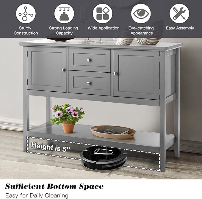 Byroce Farmhouse Coffee Bar Cabinet, Wood Kitchen Island with 2 Cabinets, Storage Drawers & Open Shelf, Buffet Sideboard Console Table for Home Living Room, Kitchen, Dining Room (Grey)