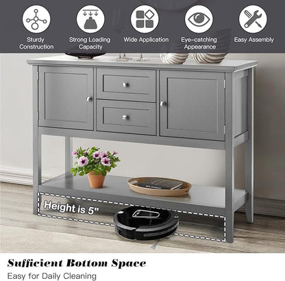 Byroce Farmhouse Coffee Bar Cabinet, Wood Kitchen Island with 2 Cabinets, Storage Drawers & Open Shelf, Buffet Sideboard Console Table for Home Living Room, Kitchen, Dining Room (Grey)