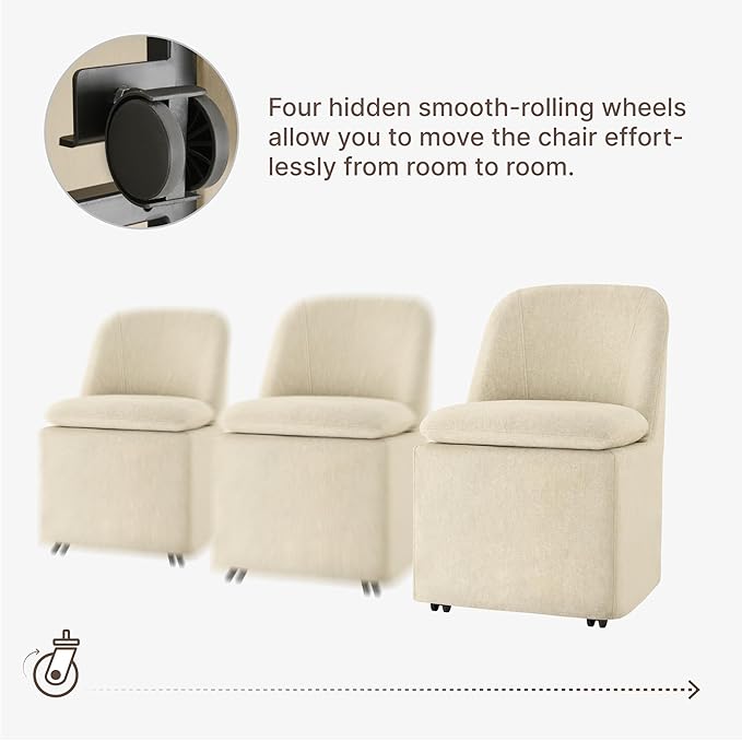 KISLOT Upholstered Dining Chairs Set of 4 with Casters, Modern Side Armless Deskchair with Washable Slipcover & Sturdy Metal Frame for Diningroom Bedroom Livingroom Reading Room, Sand Fabric