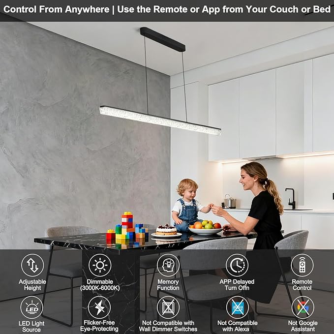 Modern LED Linear Pendant Light, 47” Dimmable Chandelier with APP & Remote Control, Ice-Crack Acrylic, Adjustable Height, 3000K–6000K Kitchen Island Lighting for Dining Room & Office – Black