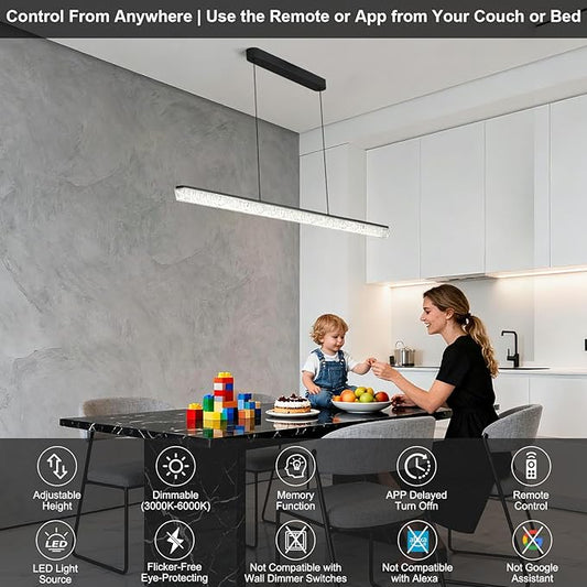 Modern LED Linear Pendant Light, 47” Dimmable Chandelier with APP & Remote Control, Ice-Crack Acrylic, Adjustable Height, 3000K–6000K Kitchen Island Lighting for Dining Room & Office – Black