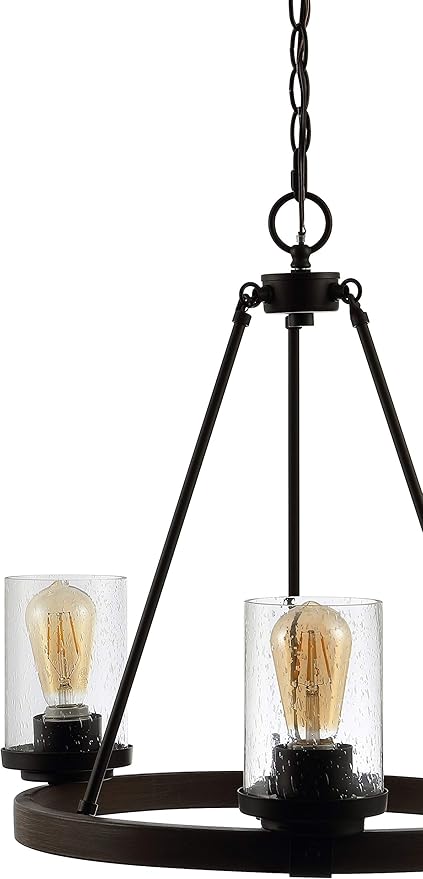 JONATHAN Y 20" Oil Rubbed Bronze 3-Light Rustic Farmhouse LED Chandelier, Round Metal Wagon Wheel Pendant Lighting for Dining Room Kitchen with Seeded Glass Shade JYL7511A